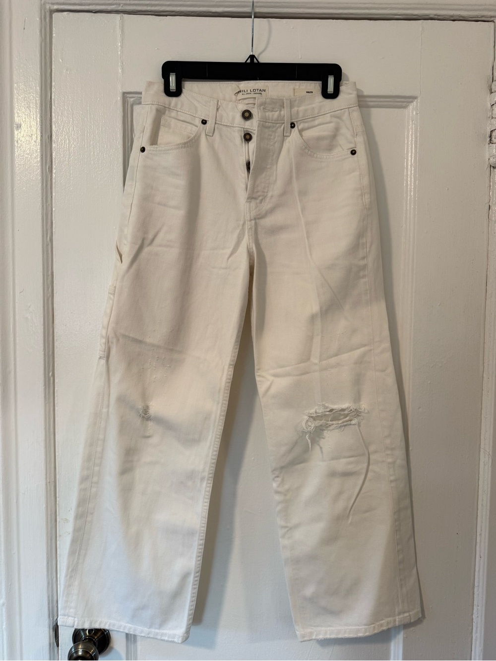 Nili Lotan Cream Straight-Leg Distressed Jeans
